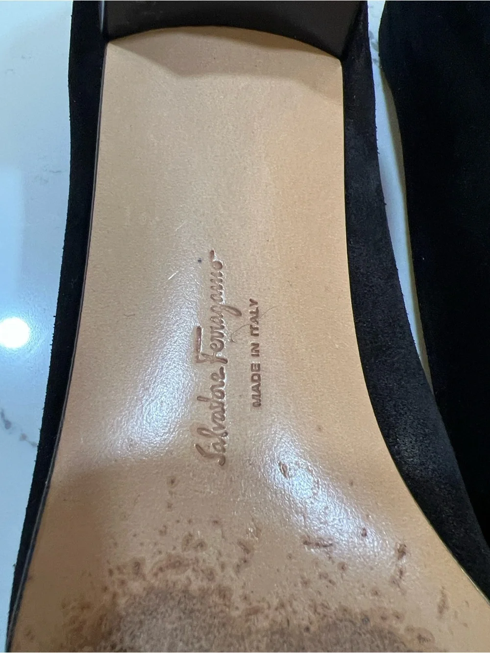 Salvatore Ferragamo Black Suede Vara Bow Pumps with Gold Hardware size W 11.5